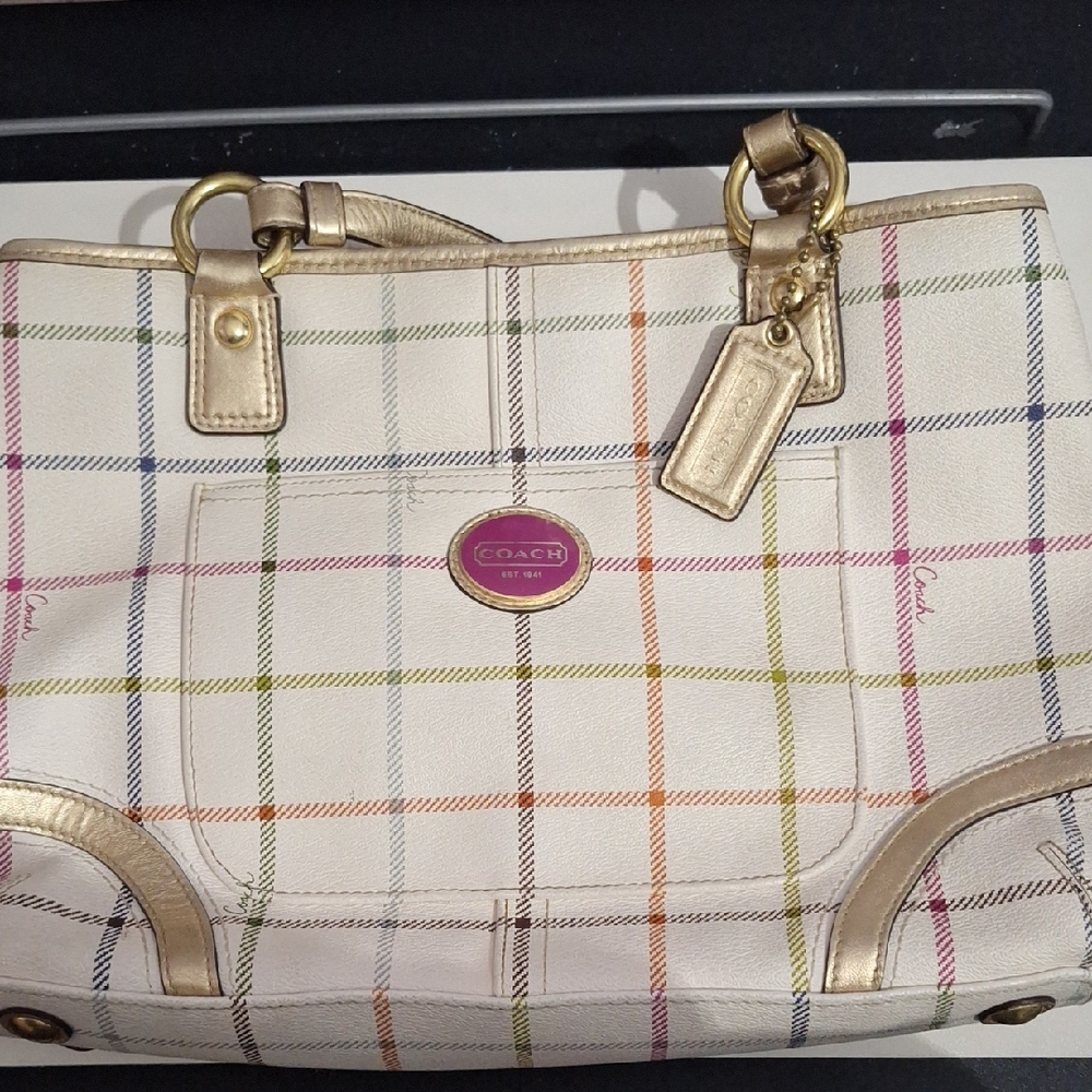 Coach Cream Plaid Tote with Multicolor Check and Gold Accents